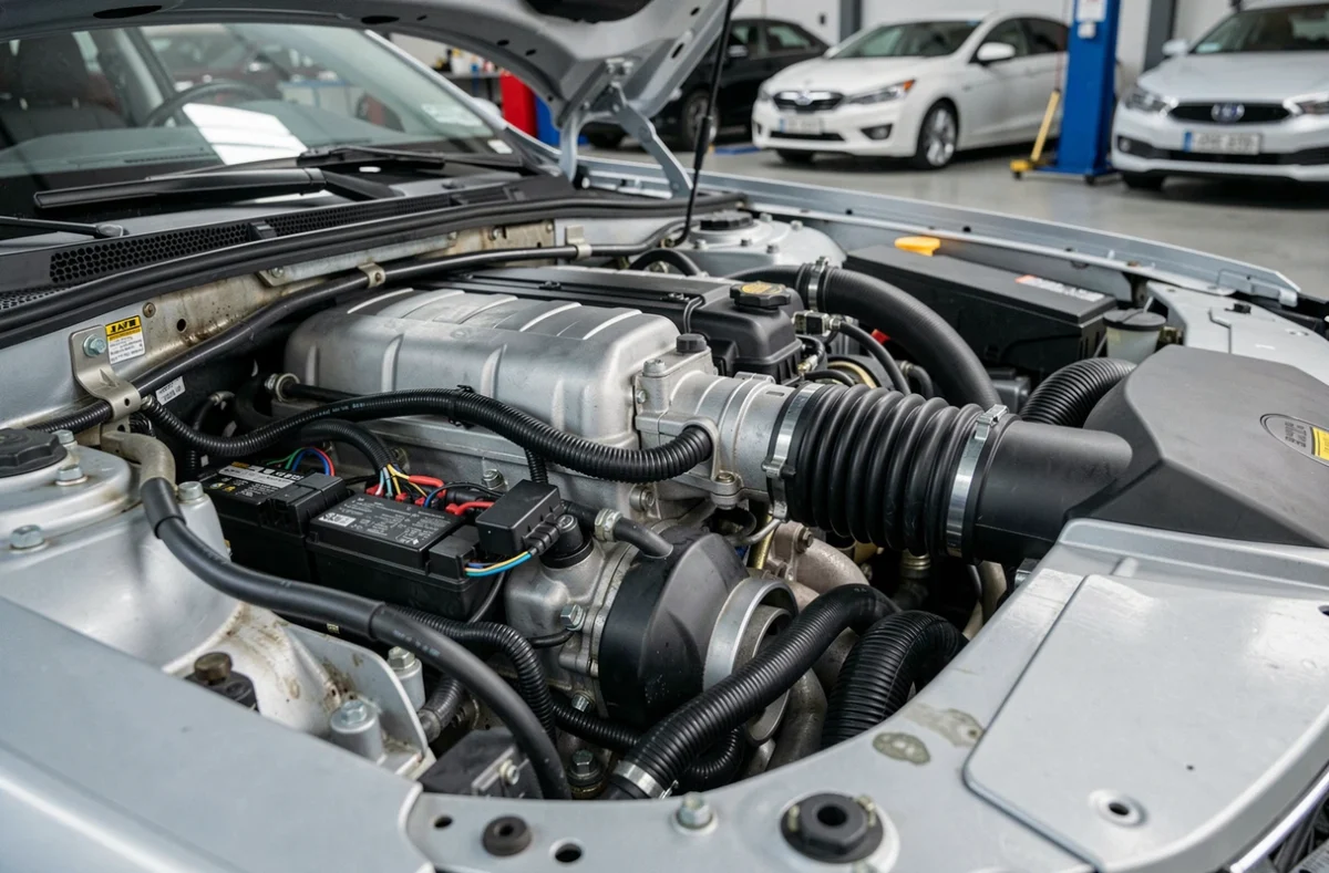 Moteur turbo avec faisceau électronique ECU visible dans un compartiment moteur ouvert pour illustration de reprogrammation