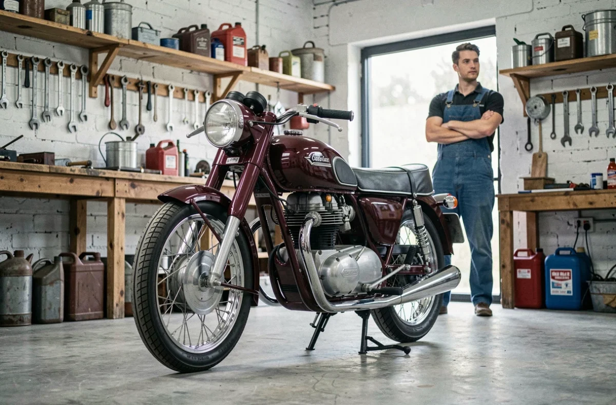 Moto de collection des années 60 dans un garage vintage avec jeune mécanicien en arrière-plan