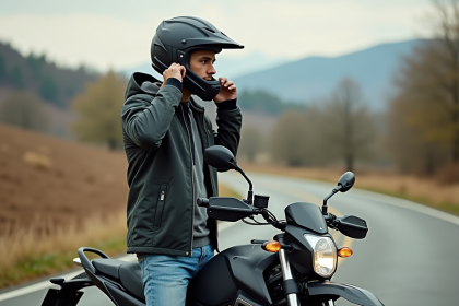 Homme en motocross ajustant son casque à la campagne
