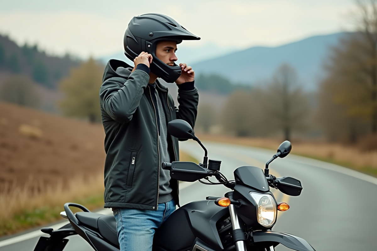 Homme en motocross ajustant son casque à la campagne