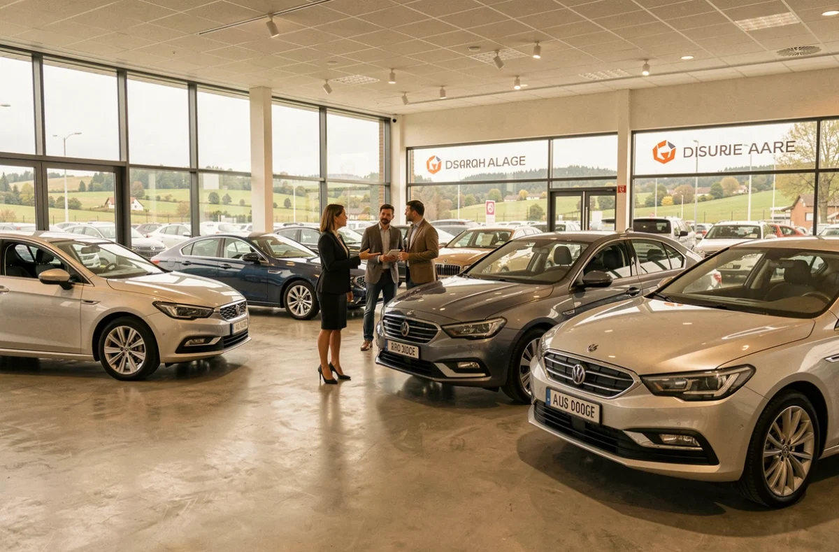 Intérieur du showroom de Nedey Automobiles en Alsace avec une vendeuse présentant des véhicules à des clients