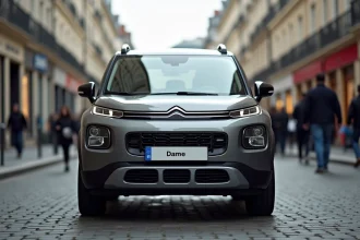 Nissan Juke garé dans une rue urbaine européenne, vue trois quarts avant illustrant la fiabilité et le design du SUV compact