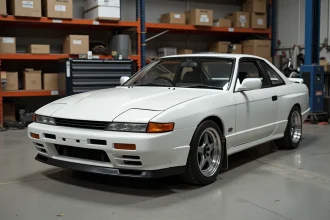 Nissan S14a Silvia restaurée dans sa couleur blanche d'origine, garée dans un atelier de restauration automobile professionnel