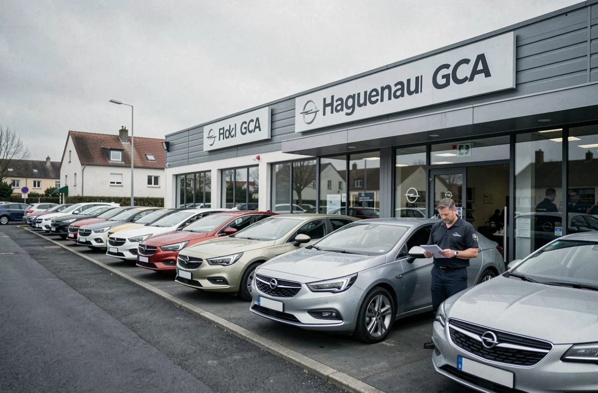 Extérieur du concessionnaire Opel Haguenau GCA avec des véhicules exposés et un conseiller en uniforme