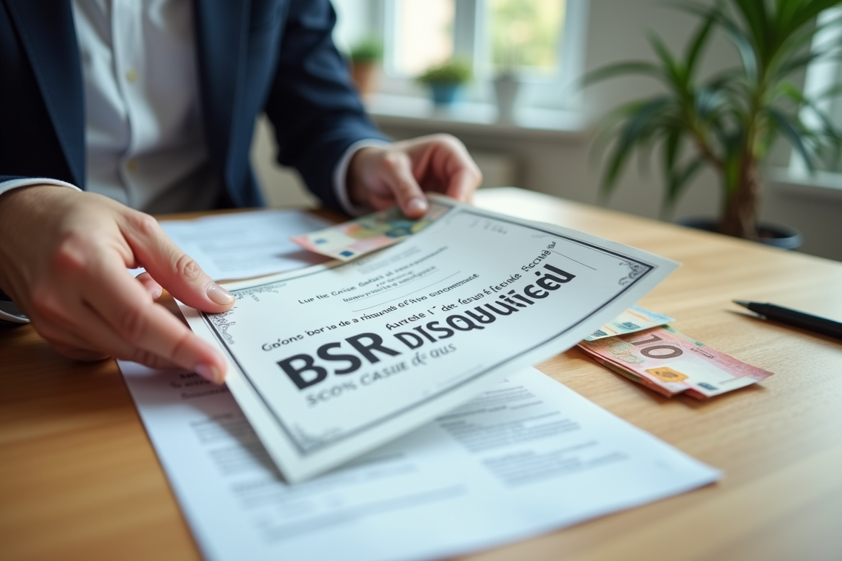 Main échangeant certificat BSR et billets dans un bureau de conduite