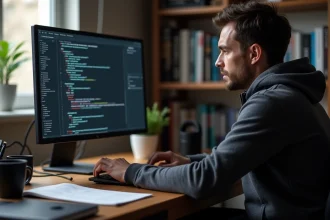 Passionné de BMW lisant un forum de coding automobile sur son ordinateur dans un bureau à domicile
