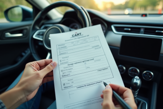 Personne tenant une carte grise dans une voiture moderne