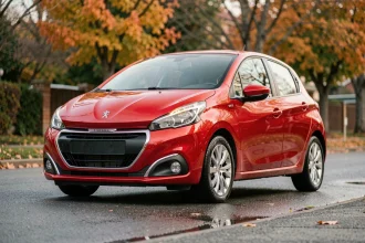 Peugeot 208 rouge garée dans une rue résidentielle, vue en trois quarts avant pour évaluer ses dimensions extérieures