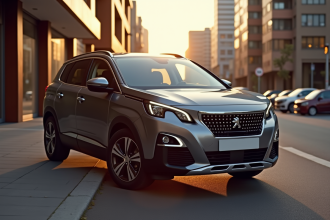 Peugeot 3008 en ville lors de l'heure dorée avec reflets