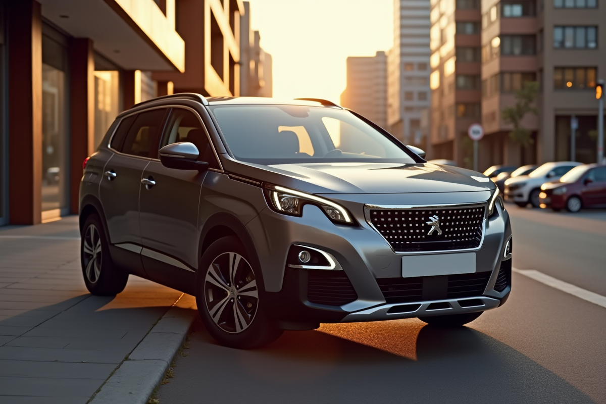 Peugeot 3008 en ville lors de l'heure dorée avec reflets