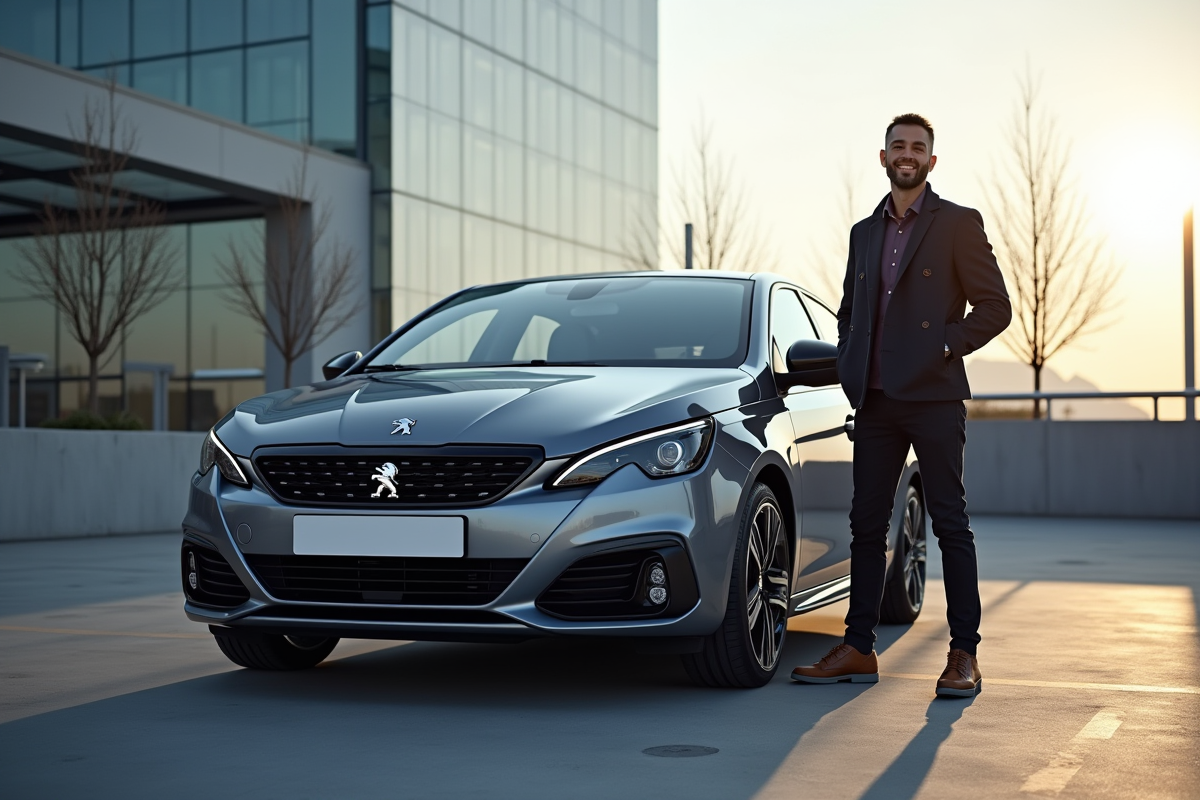 Conducteur fière à côté d'une Peugeot 308 GTI en ville