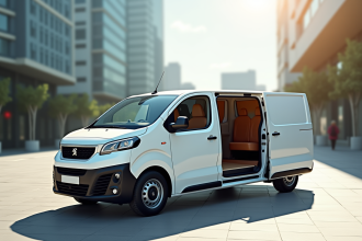 Véhicule Peugeot Expert ouvert dans une place urbaine moderne