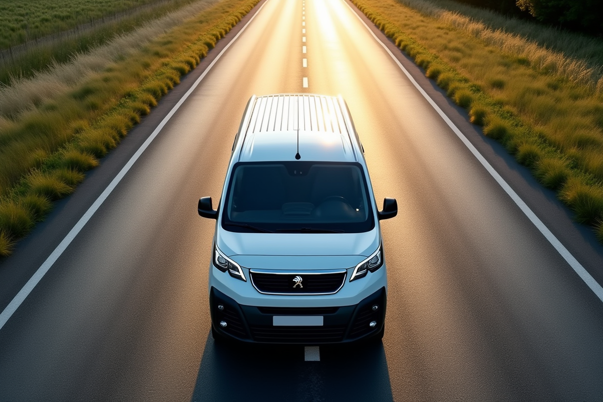 Véhicule Peugeot Expert vu du dessus sur une route vide
