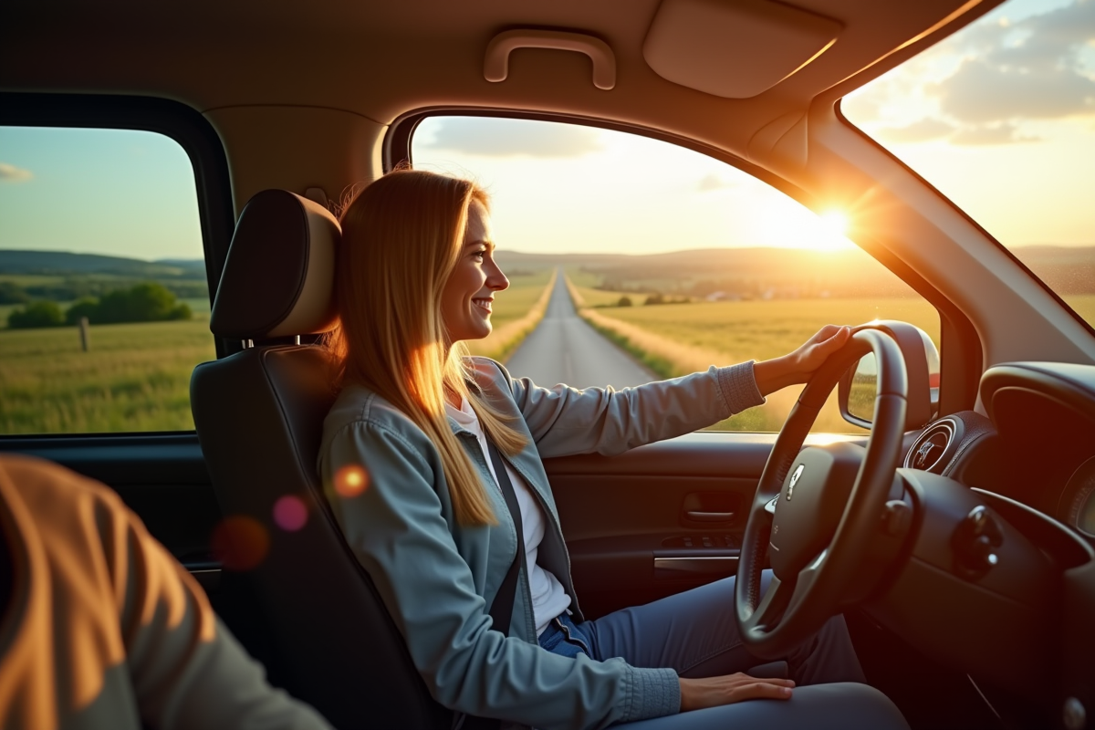 Famille conduisant Peugeot Rifter en campagne ensoleillée
