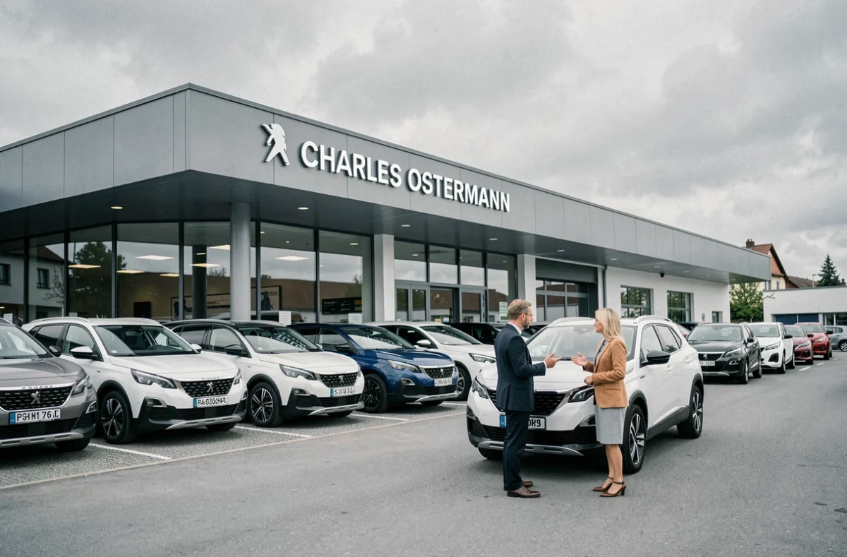Extérieur du concessionnaire Peugeot Strasbourg Charles Ostermann avec des véhicules neufs exposés et un conseiller client