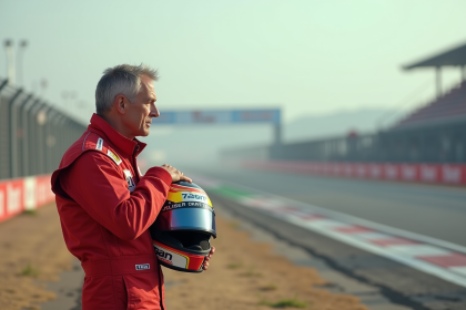 Pilote de course en combinaison résistante regardant la piste