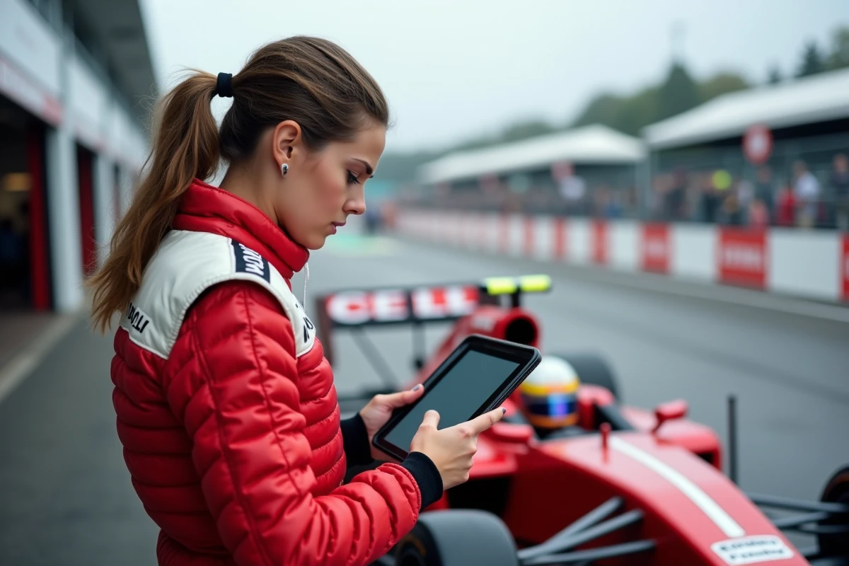Pilote automobile féminine consultant une annonce sur une tablette dans le paddock d'un circuit français