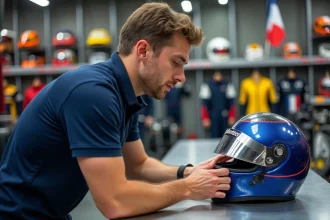 Passionné de sport automobile examinant un casque de course dans une place de marché spécialisée en France