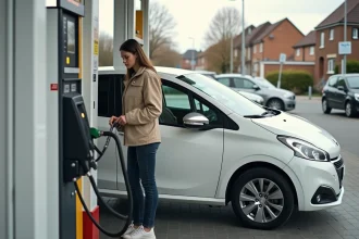 Jeune femme faisant le plein de carburant d'une Peugeot 208 blanche à la station-service