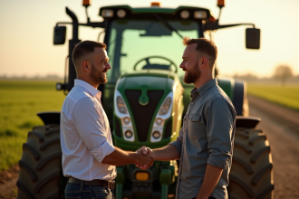 Poignée de deux personnes devant un tracteur en ferme