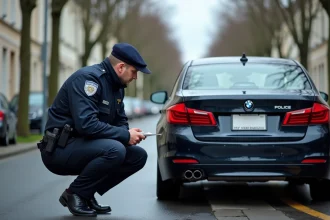 Policier français inspectant une plaque d'immatriculation noire illégale sur une voiture garée