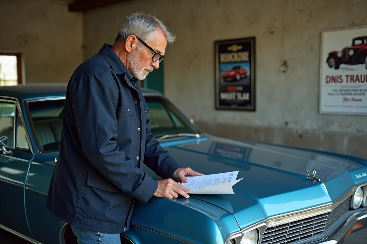 Propriétaire d'une Impala 1967 consultant des documents d'assurance dans un garage français