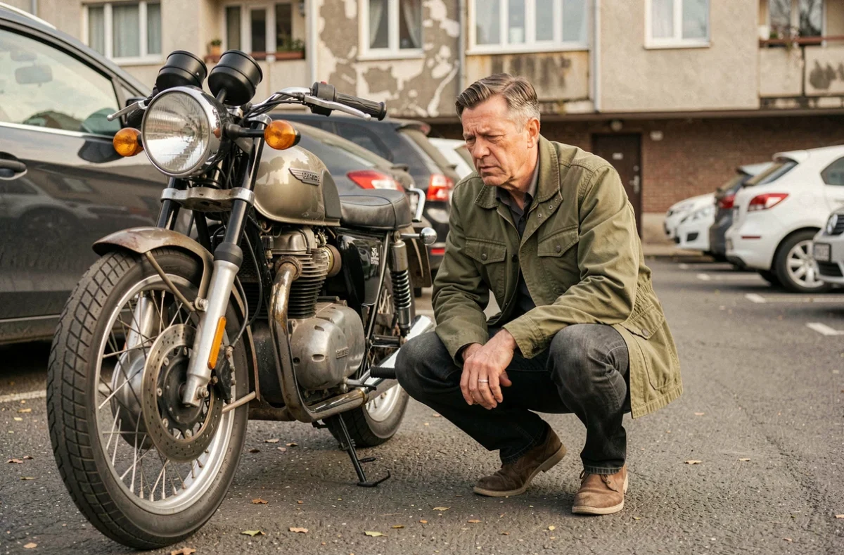 Homme d'une cinquantaine d'années inspectant sa moto garée dans un parking résidentiel extérieur, contexte d'assurance moto sans usage régulier