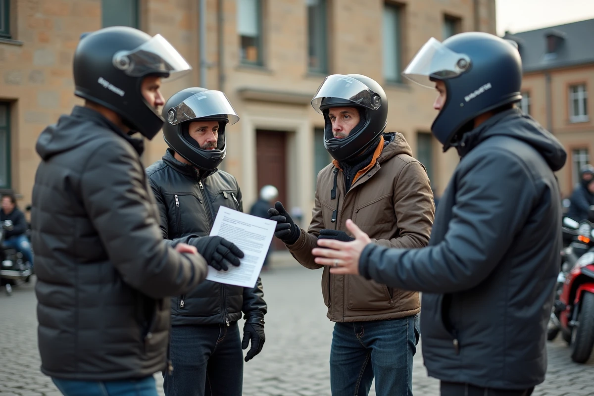 Motards rassemblés sur une place publique française pour discuter du boycott du contrôle technique moto