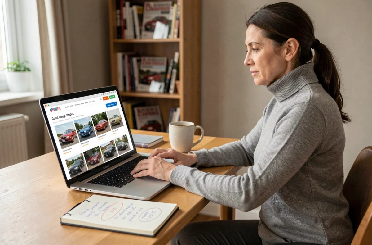 Femme recherchant une bonne affaire youngtimer sur un site d'annonces automobiles en ligne depuis son bureau à domicile