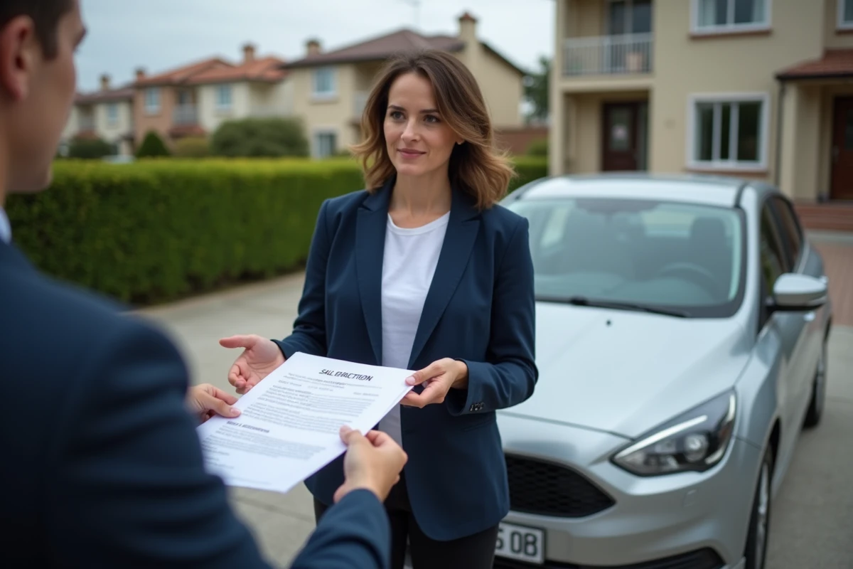 Femme remettant un certificat de cession de véhicule imprimé à un acheteur devant une voiture garée dans une allée résidentielle