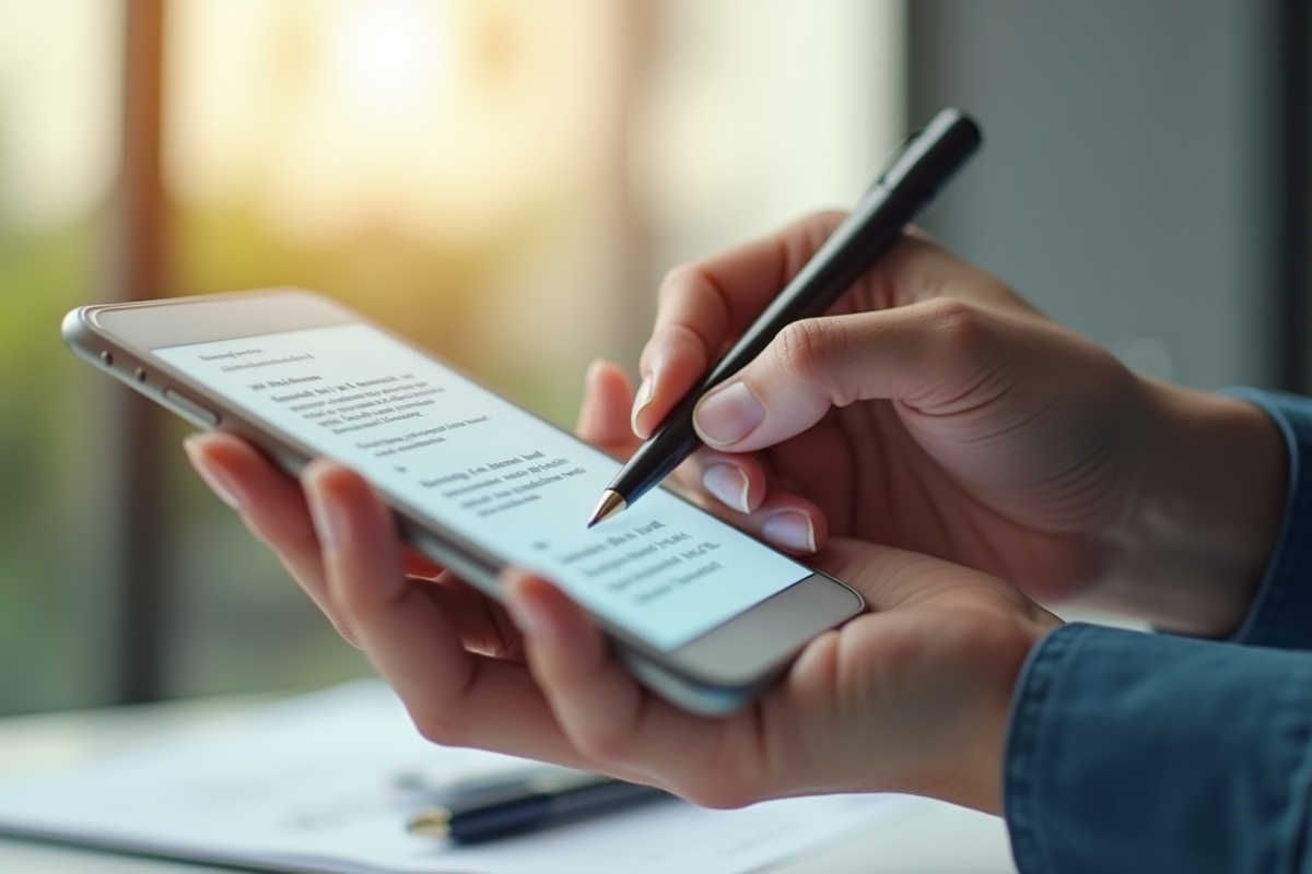 Main remplissant un formulaire de non gage sur smartphone dans un bureau lumineux