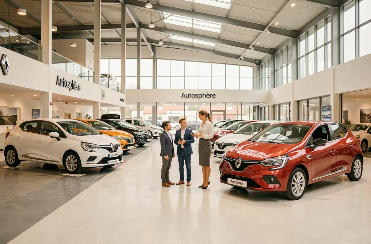 Showroom du concessionnaire Renault Autosphère à Strasbourg avec une conseillère accueillant une famille de clients