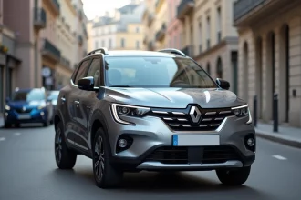Renault Symbioz en couleur Gris Rafale garé en milieu urbain, vue trois quarts avant mettant en valeur la teinte métallisée