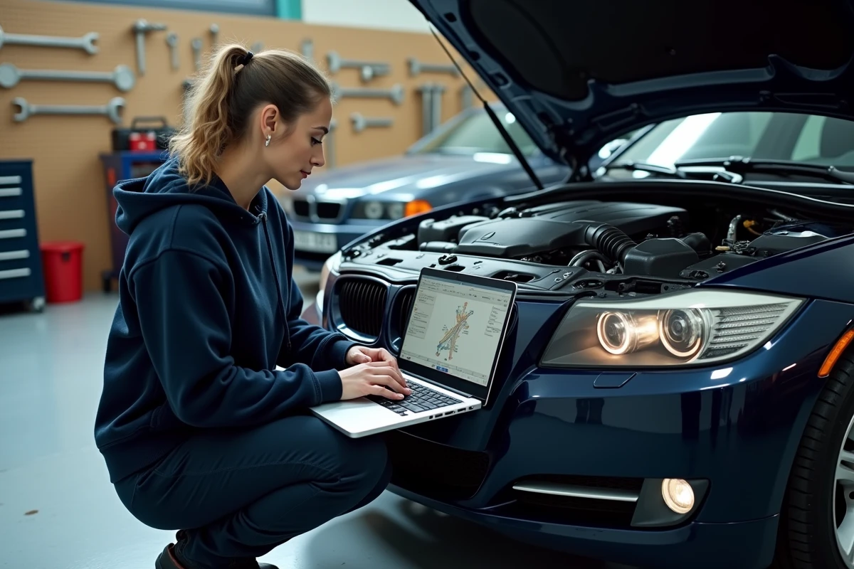 Femme réalisant un diagnostic et une reprogrammation ECU sur une BMW dans un garage privé avec ordinateur portable