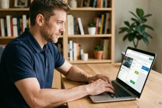 Homme réservant un rendez-vous Carglass en ligne depuis son bureau à domicile sur un ordinateur portable