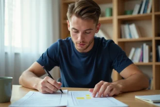 Jeune homme révisant les questions du permis de conduire avec un livret annoté sur un bureau en bois