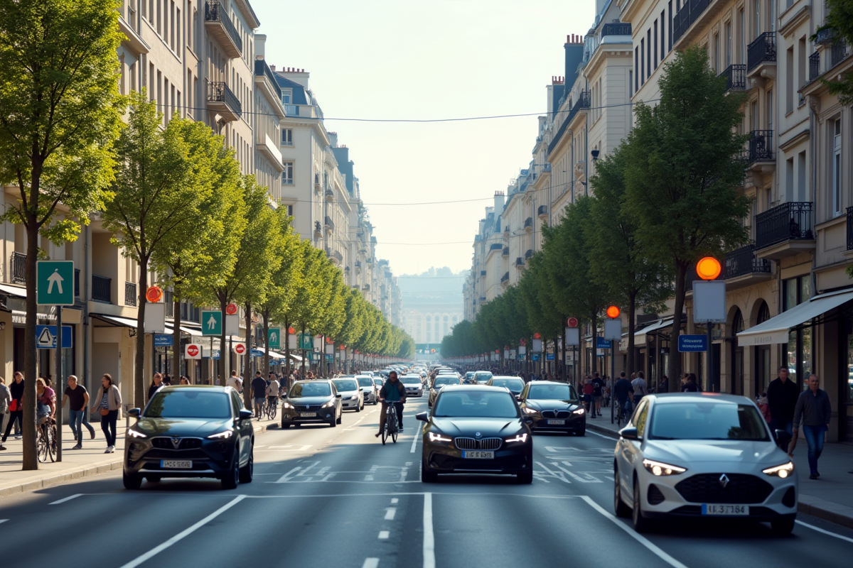 Rue urbaine animée avec voitures et piétons en 2025
