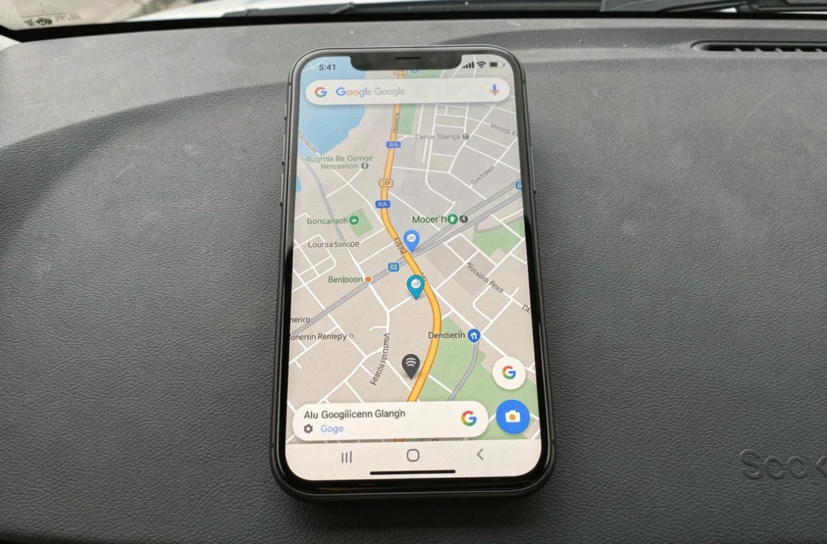 Gros plan d'un smartphone affichant une carte de navigation avec icônes de radars sur Google Maps posé sur le tableau de bord