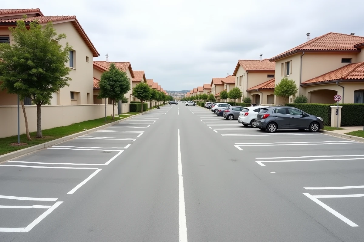 Aire de stationnement d'un lotissement résidentiel avec places de parking délimitées conformes aux normes de la mairie