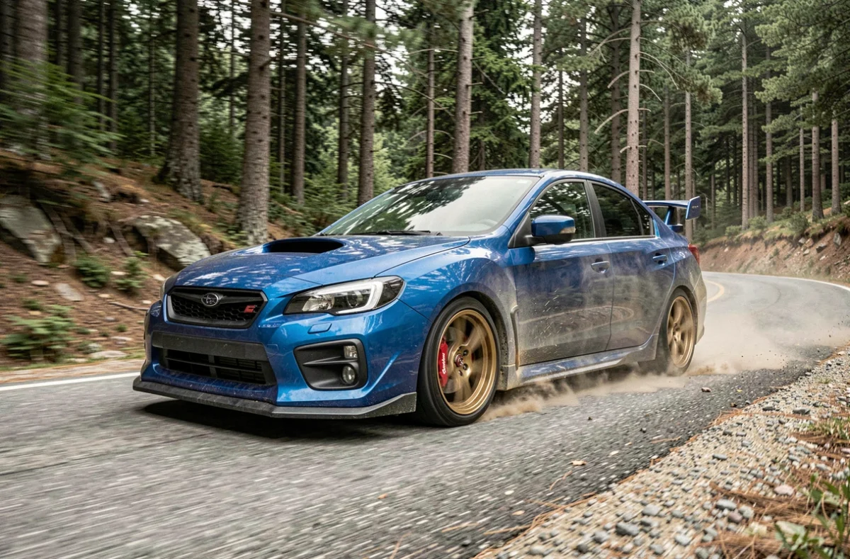 Subaru Impreza STI bleue en action dans un virage de route de montagne entourée de forêt de pins, freins Brembo rouges visibles, style éditorial automobile