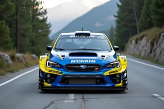 Réplique Subaru Impreza WRC en livrée rally garée sur une route de montagne alpine en France