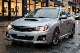 Subaru Impreza WRX argentée garée sur une rue urbaine mouillée, vue de face trois quarts, capot à prise d'air visible, ambiance éditoriale réaliste