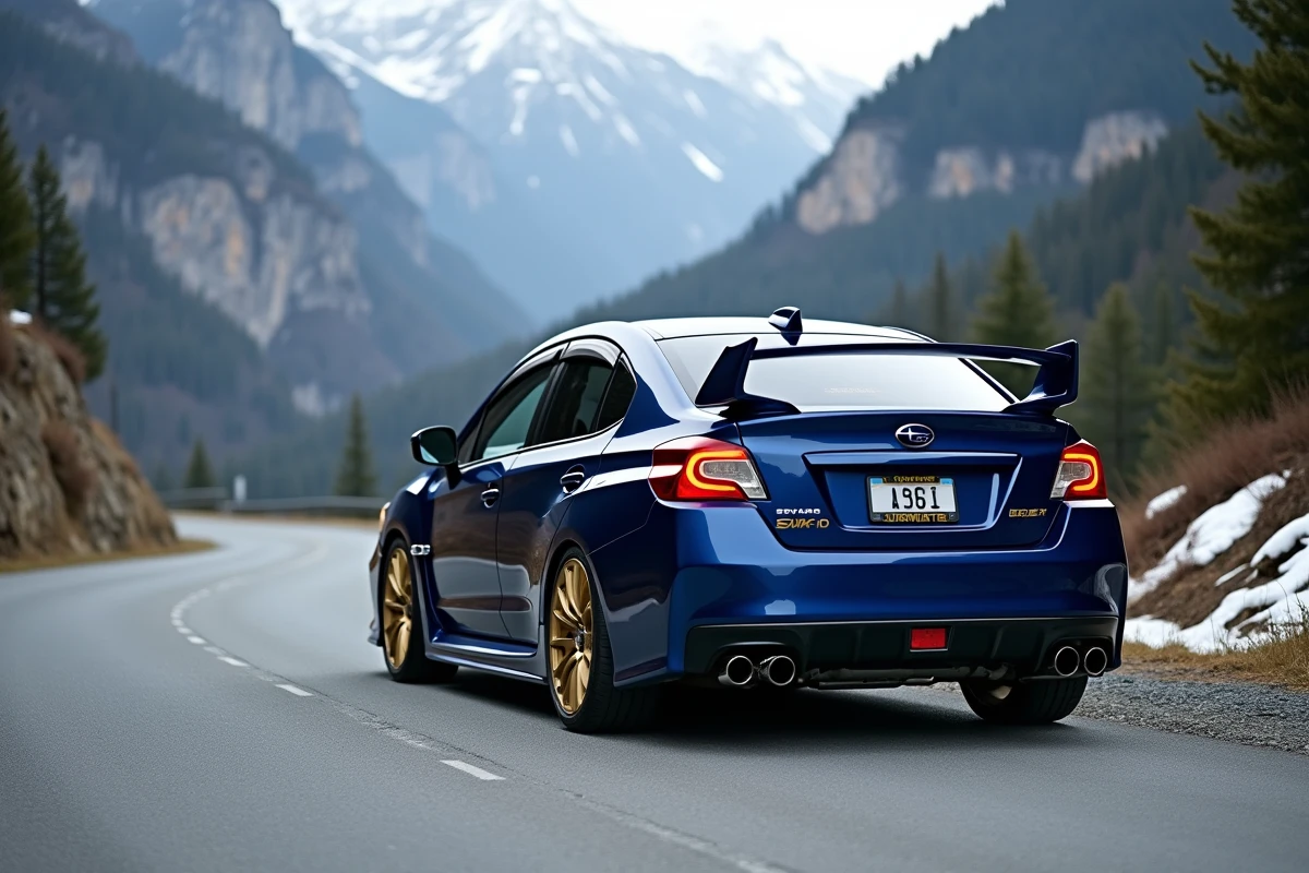 Subaru WRX bleue avec plaques suisses garée sur une route alpine sinueuse entourée de forêts et de falaises rocheuses