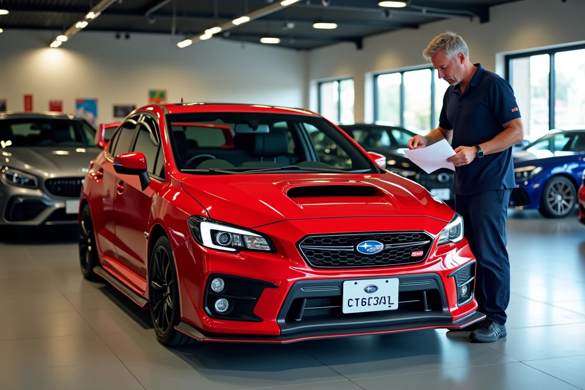 Subaru WRX STI rouge avec plaques françaises exposée dans un showroom de véhicules d'importation japonaise à Lyon