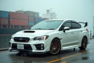 Subaru WRX STI blanche importée du Japon garée sur un quai portuaire avec des conteneurs en arrière-plan flou