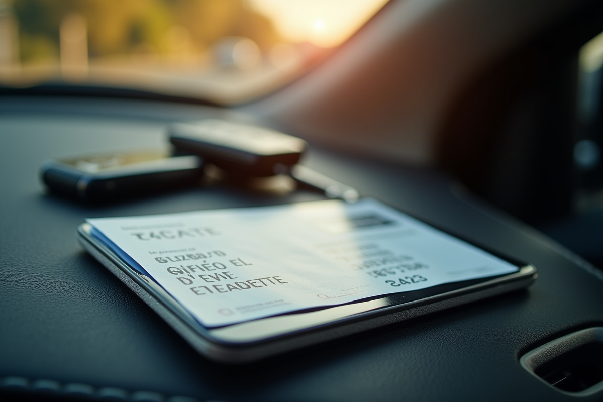 Détail du tableau de bord avec carte grise clés et smartphone