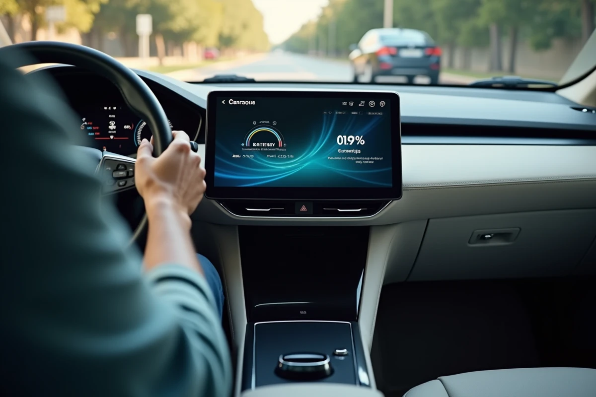 Tableau de bord d'une voiture hybride affichant le flux d'énergie entre le moteur thermique et la batterie électrique, symbolisant l'économie de carburant