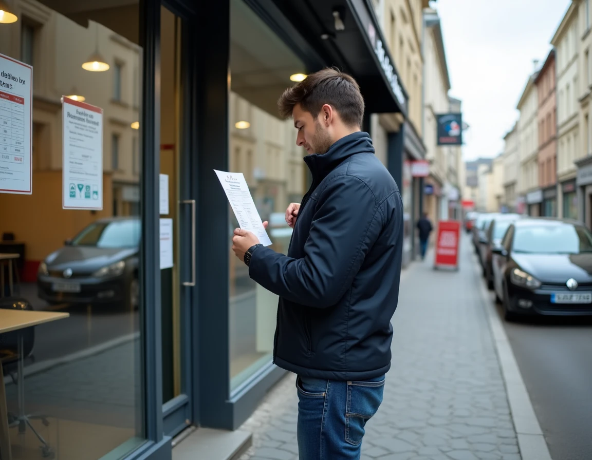 Jeune homme consultant les tarifs affichés dans la vitrine d'une auto-école en centre-ville