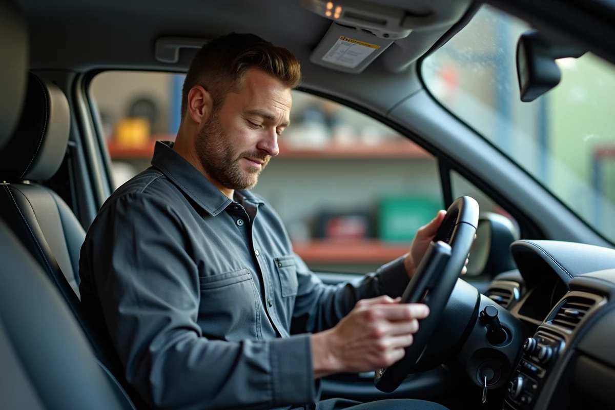 Technicien automobile inspectant le tableau de bord d'une Peugeot 208 avec une tablette de diagnostic dans un garage professionnel