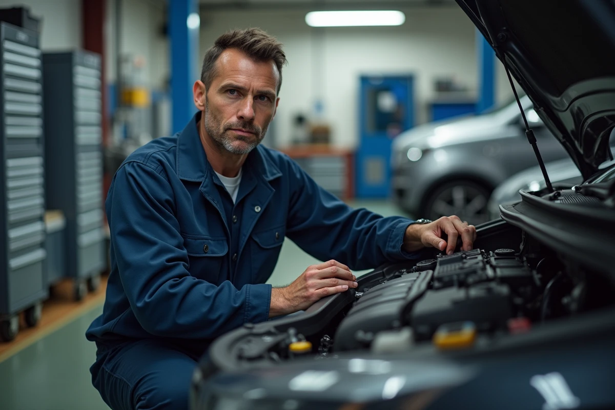 Technicien automobile inspectant le moteur d'un SUV urbain en atelier, évoquant les contrôles de fiabilité mécanique